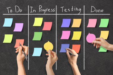 Hands attaching sticky notes to scrum task board