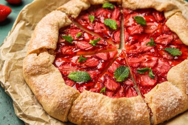 Delicious strawberry galette on table, closeup