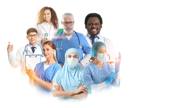 Collage Different Doctors White Background — Zdjęcie stockowe