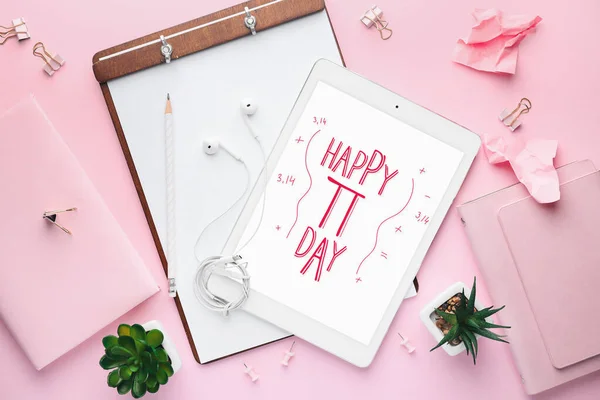 Tablet Computer Stationery Pink Background Happy Day — 스톡 사진
