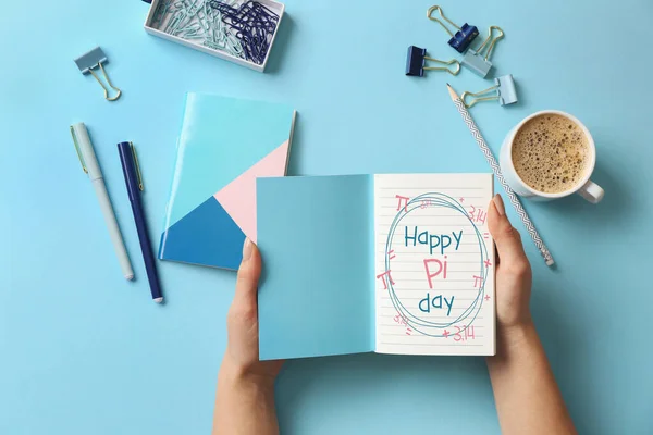 Female Hands Holding Notebook Text Happy Day Cup Coffee Stationery — 스톡 사진