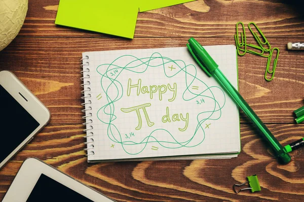 Notebook Text Happy Day Stationery Wooden Background — Φωτογραφία Αρχείου