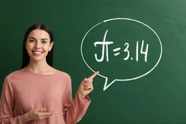 Female Teacher Blackboard Written Number — Stockfoto