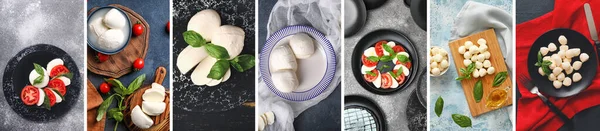 Collage Tasty Mozzarella Cheese Basil Tomatoes Top View — Stockfoto