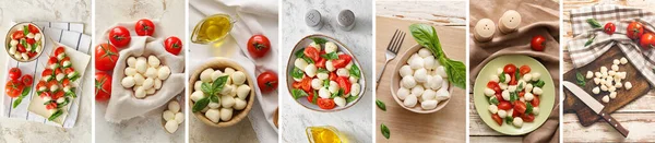 Collage Tasty Mozzarella Cheese Basil Tomatoes Top View — стоковое фото