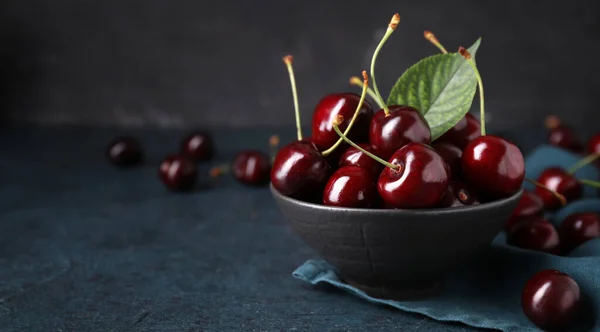 Bowl Tasty Cherries Dark Background Space Text — Zdjęcie stockowe