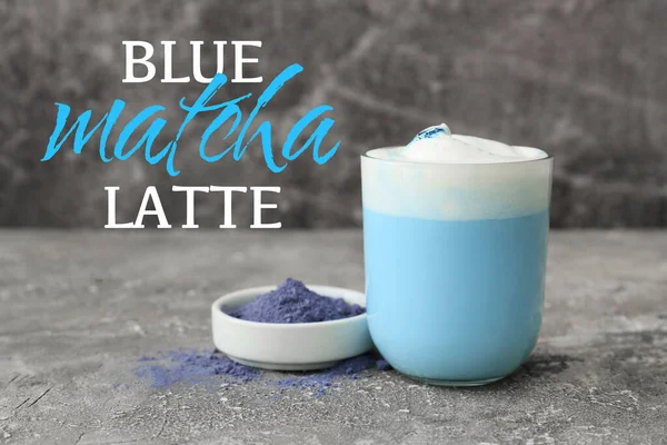 Glass Blue Matcha Latte Powder Grey Background — Stockfoto