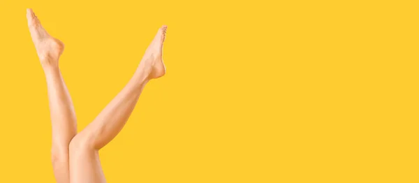 Legs Beautiful Young Woman Yellow Background Space Text — Stock Fotó