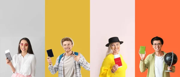 Set People Passports Tickets Color Background — Stockfoto