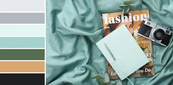 Stylish Notebook Retro Photo Camera Fashion Magazine Color Fabric Background — Stock Fotó