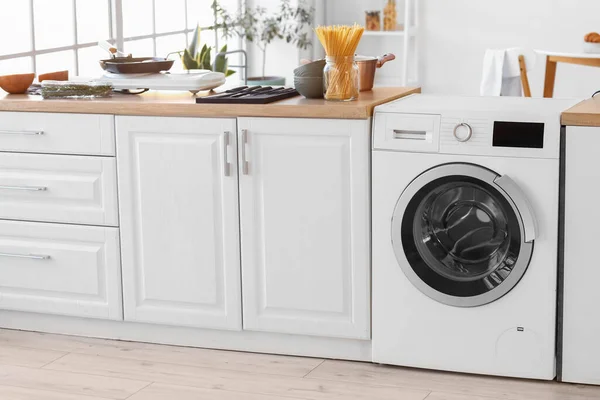Modern Washing Machine White Counters Interior Light Kitchen — Fotografia de Stock
