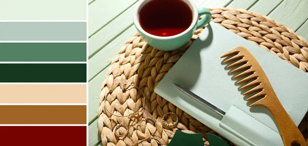 Stylish Notebook Pen Hair Comb Cup Tea Green Wooden Background — Stock Fotó