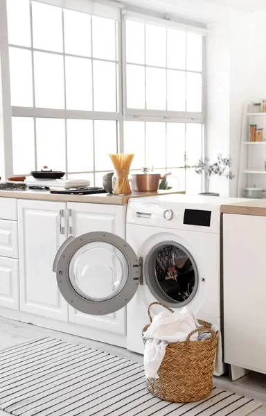 Modern Washing Machine Laundry Basket Light Kitchen — Foto de Stock