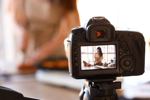 Young Woman Cutting Pumpkin Display Photo Camera Kitchen Closeup — 스톡 사진