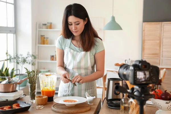 Young Woman Cooking Pumpkin Soup While Recording Video Class Kitchen — Stok fotoğraf