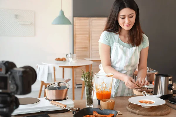 Young Woman Cooking Pumpkin Soup While Recording Video Class Kitchen — Stock fotografie