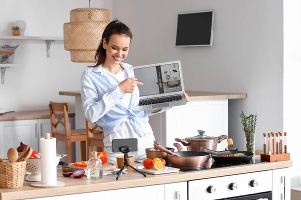 Young Woman Laptop Recording Cooking Video Tutorial Kitchen — Stock Photo, Image