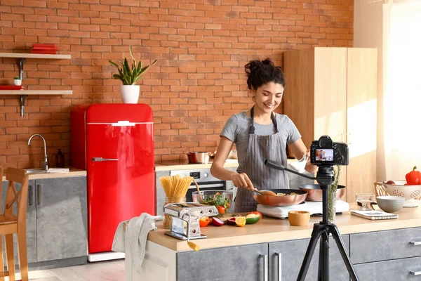 Young Woman Cooking Pasta While Recording Cooking Video Class Kitchen — Stok fotoğraf