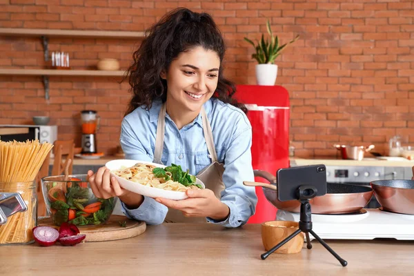 Young Woman Tasty Pasta Recording Video Class Kitchen — Stok fotoğraf