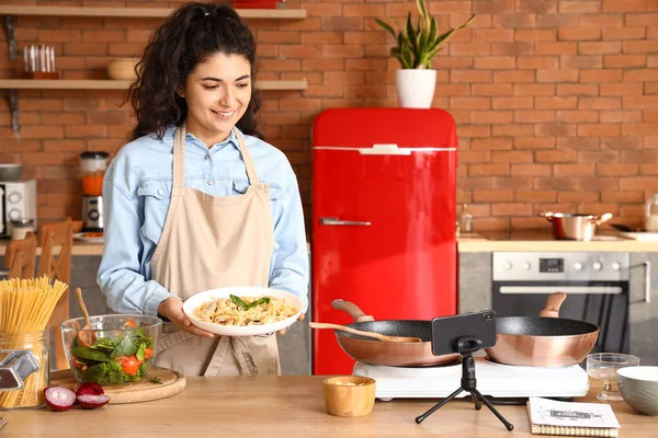 Young Woman Tasty Pasta Recording Video Class Kitchen — 스톡 사진