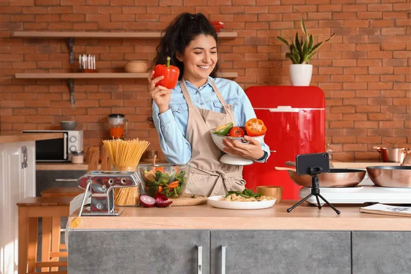 Young Woman Colander Fresh Vegetables Recording Cooking Video Class Kitchen — Stock fotografie
