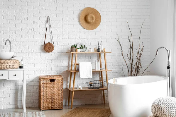 Interior Cozy Bathroom Sink Shelving Unit Laundry Basket — Stock Fotó