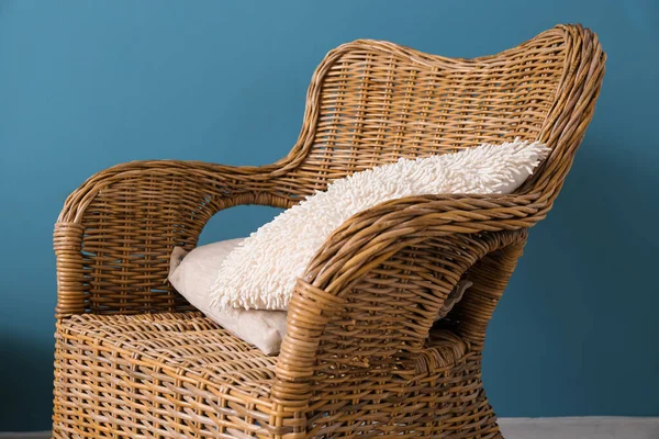 Rattan Armchair Pillow Blue Wall — Stok fotoğraf