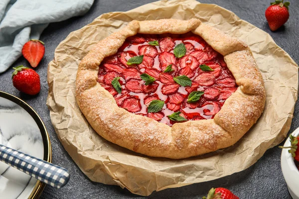 Delicious Strawberry Galette Dark Background Closeup — Photo