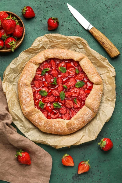 Composition Tasty Strawberry Galette Fresh Berries Green Background — Photo