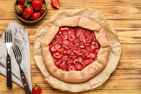 Composition Tasty Strawberry Galette Fresh Berries Forks Wooden Background — Photo