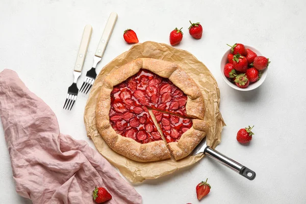 Delicious Strawberry Galette Fresh Berries Light Background — Photo
