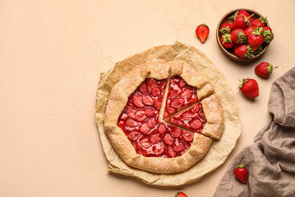 Delicious Strawberry Galette Fresh Berries Color Background — Photo