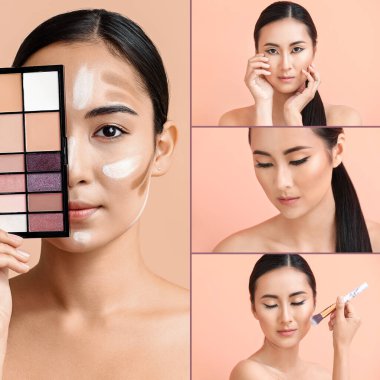 Beauty collage with young Asian woman doing contouring makeup