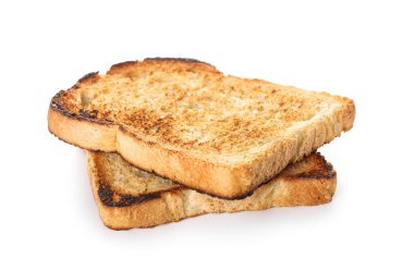 Two slices of toasted bread on white background