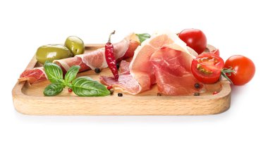 Wooden board with delicious jamon, tomatoes, olives and spices on white background