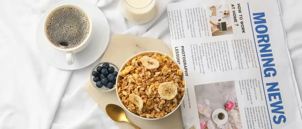 Bowl Tasty Granola Cup Coffee Newspaper Bed — Stockfoto