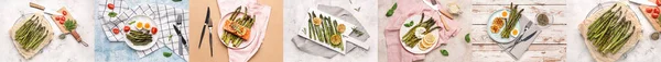 Набір Смачно Приготованої Спаржі Яйцями Лососем Лимоном Спеціями Вид Зверху — стокове фото