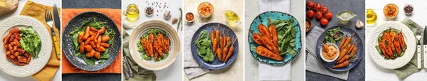 Collage Tasty Baked Carrots Table Top View — Stockfoto