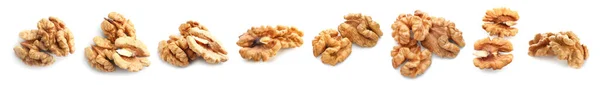 Set Tasty Peeled Walnuts Isolated White — Stock Photo, Image
