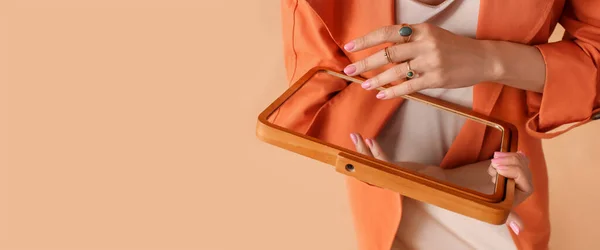Woman Stylish Jewelry Manicure Holding Mirror Beige Background Space Text — Stockfoto