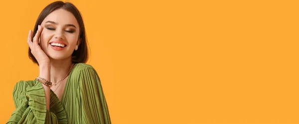 Portrait Pretty Young Woman Yellow Background Space Text — Stockfoto