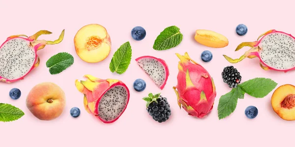 Collage Tasty Fresh Fruits Berries Mint Leaves Light Pink Background — 스톡 사진