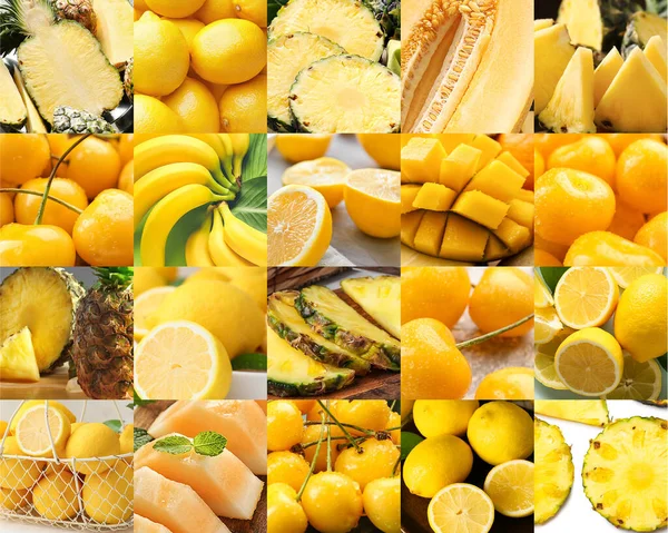 Collage Many Ripe Yellow Fruits Berries — 스톡 사진
