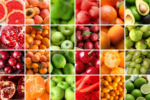 Collage Many Different Ripe Fruits Berries — Stockfoto