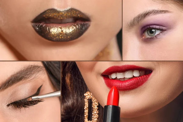 Beauty Collage Lips Eyes Fashionable Young Women Closeup — Stockfoto