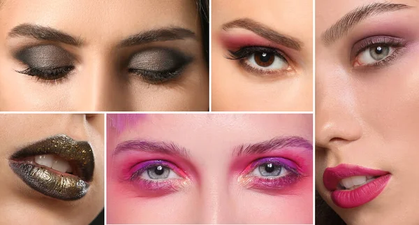 Collage Fashionable Young Women Beautiful Makeup Closeup — Stockfoto
