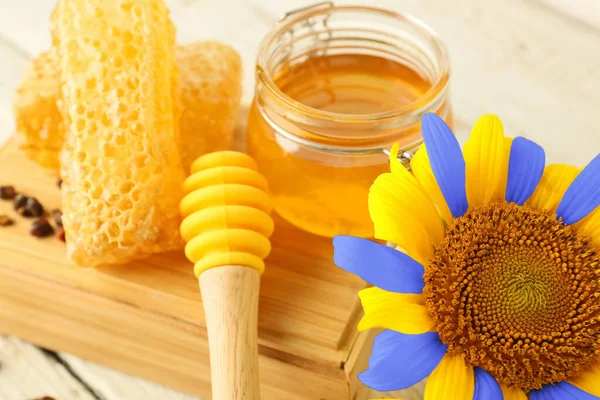 Jar Honey Sunflower Colors Ukrainian Flag Table Closeup — Zdjęcie stockowe