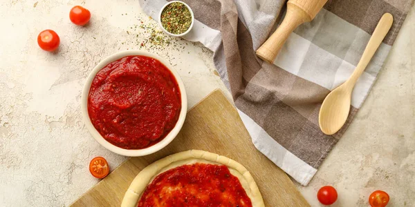 Tasty Tomato Sauce Pizza Dough Light Background Top View — Photo