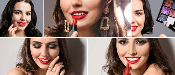 Beauty Collage Fashionable Young Women Using Decorative Cosmetics — Φωτογραφία Αρχείου