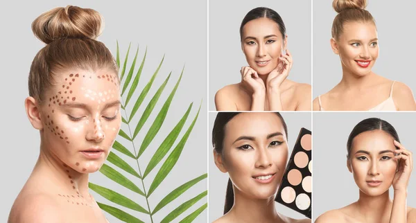 Beauty Collage Young Women Contouring Makeup Light Background — Stock Fotó